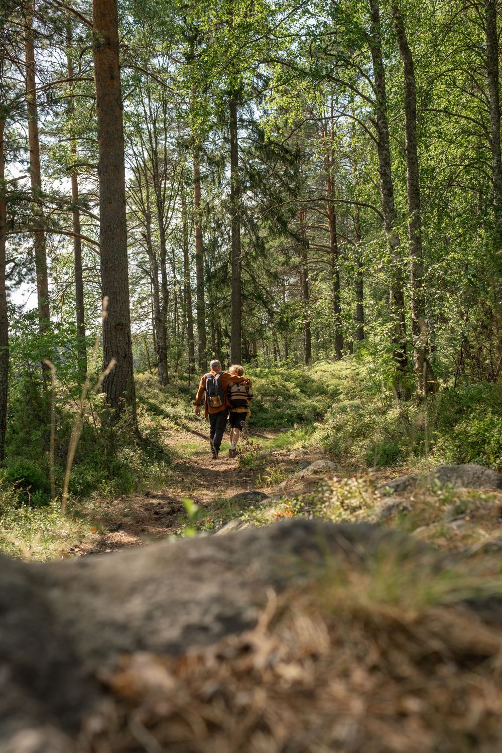 A grandfather and grandson walking together along a forest path