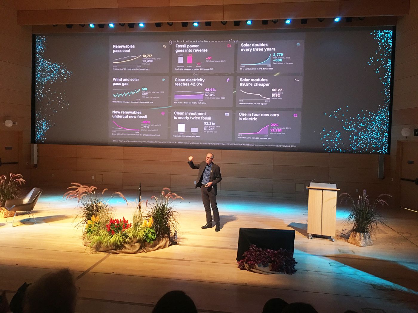 Dr. Johan Rockstr&ouml;m on stage in front of a large screen of Planetary Health Check data
